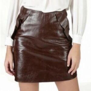Sandro‎ Paris Leather Skirt With Ruffle Pockets 1 Marron Pre-Owned With Tags